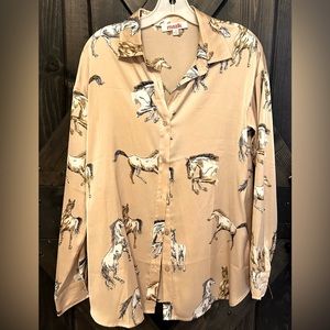 Horse Print Button Front Blouse